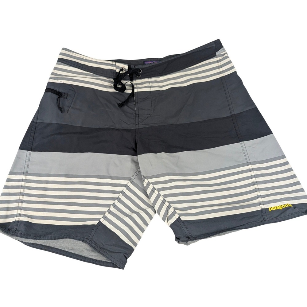 Patagonia Mens Striped Board Shorts Grey Charcoal White Size 36 Swim‎ Trunks